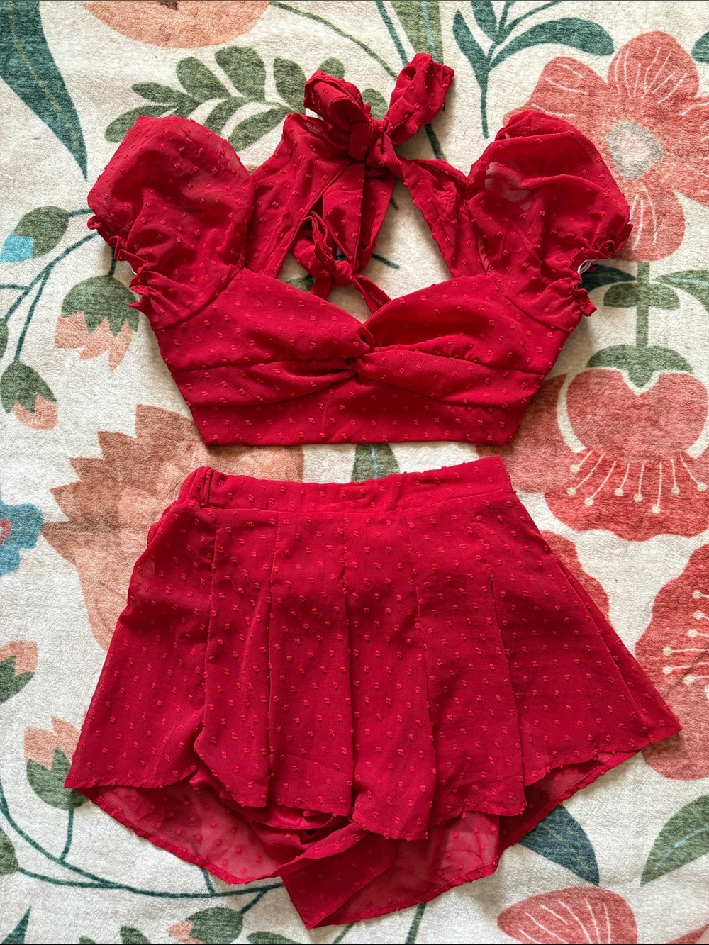 SHEIN Red Swiss Dot Puff Sleeve Crop Top & Skort Set
